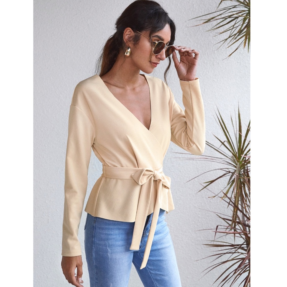 Casual Beige Belted Wrap V-Neck Top